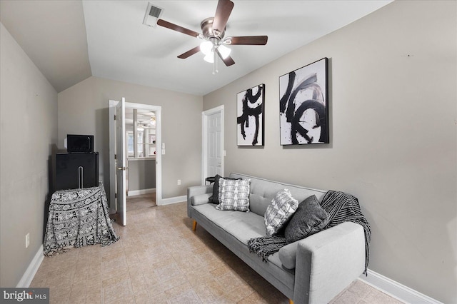 living room featuring lofted ceiling and ceiling fan