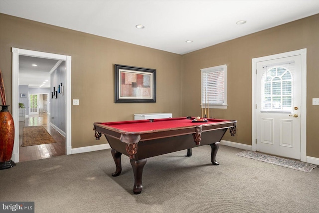 recreation room featuring billiards, carpet, and a wealth of natural light