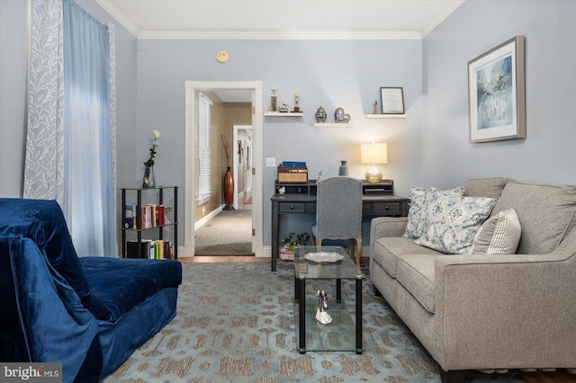 living room with crown molding