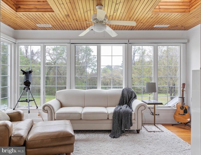 sunroom with wood ceiling, ceiling fan, and a skylight