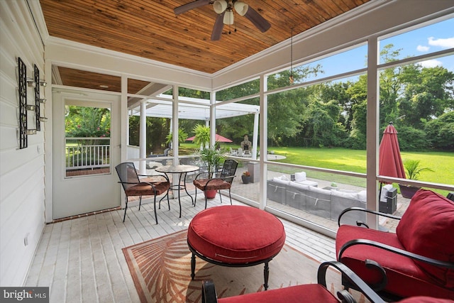 sunroom / solarium with wooden ceiling and ceiling fan