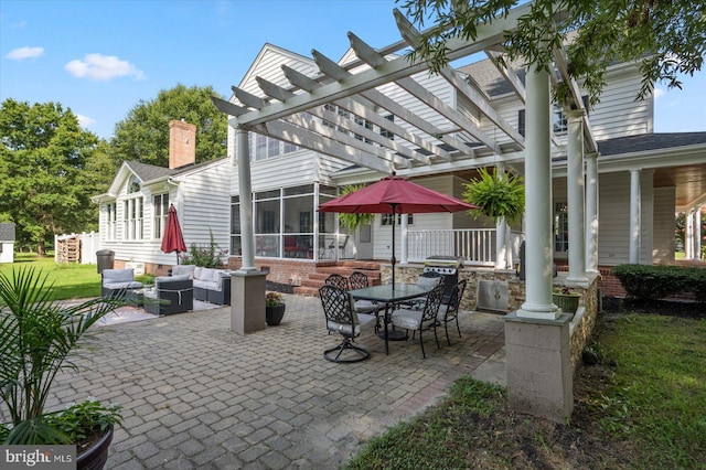 view of patio featuring an outdoor living space and a pergola