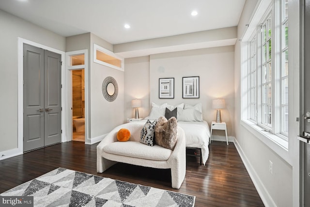 bedroom with multiple windows, ensuite bath, and dark wood-type flooring