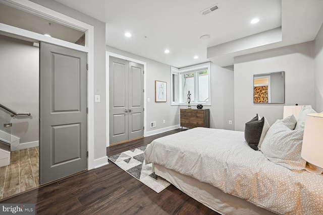 bedroom featuring dark wood-type flooring and a closet