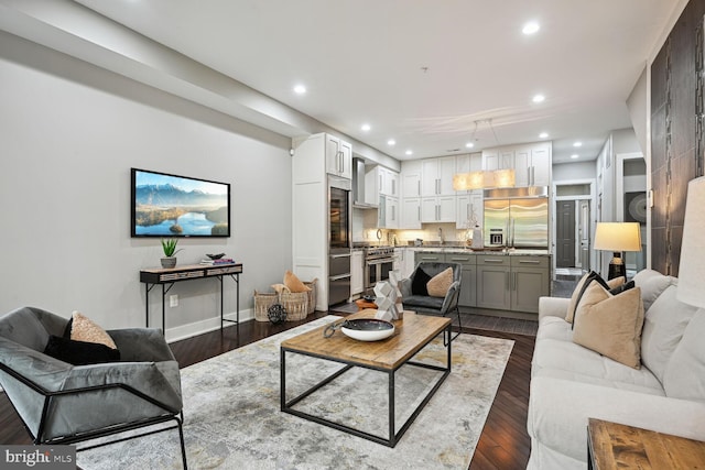 living room with dark wood-type flooring