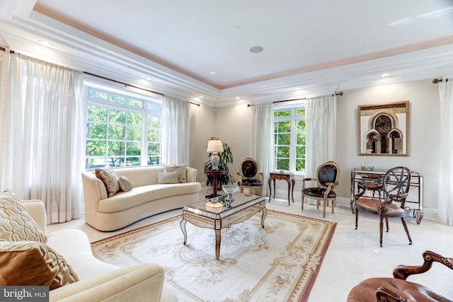 tiled living room featuring ornamental molding