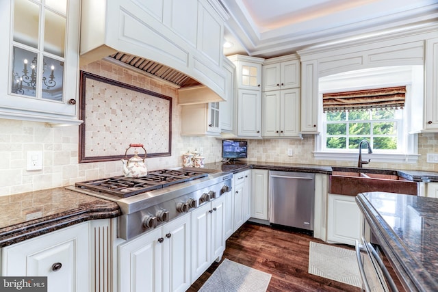 kitchen featuring dark hardwood / wood-style flooring, custom exhaust hood, stainless steel appliances, and white cabinets