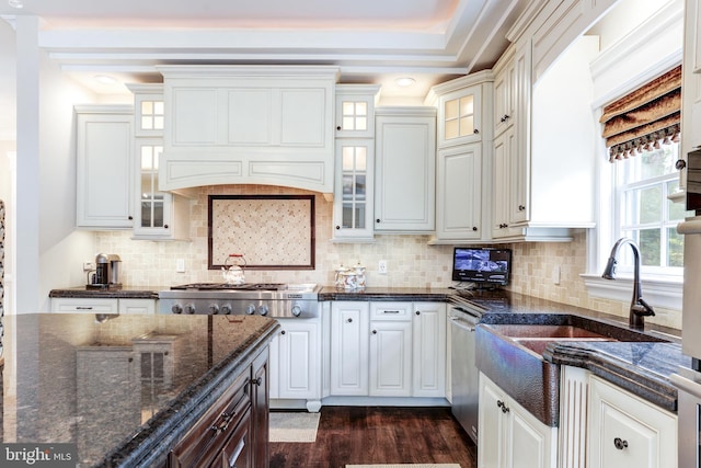 kitchen with white cabinetry, premium range hood, and dark hardwood / wood-style floors