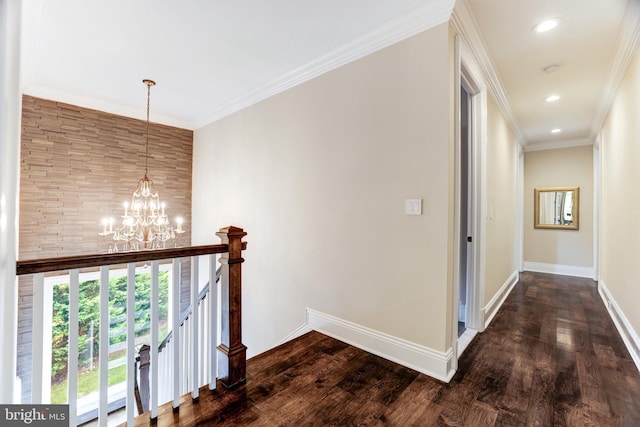 hallway with crown molding, dark hardwood / wood-style floors, and an inviting chandelier