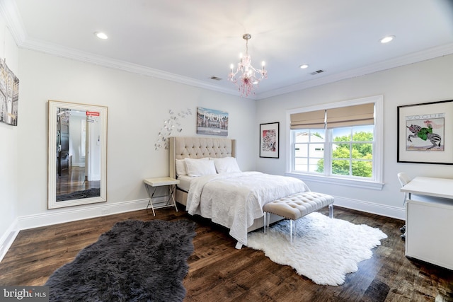 bedroom featuring crown molding, dark hardwood / wood-style flooring, and a notable chandelier