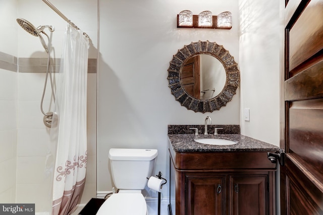 full bathroom with shower / bathtub combination with curtain, vanity, and toilet