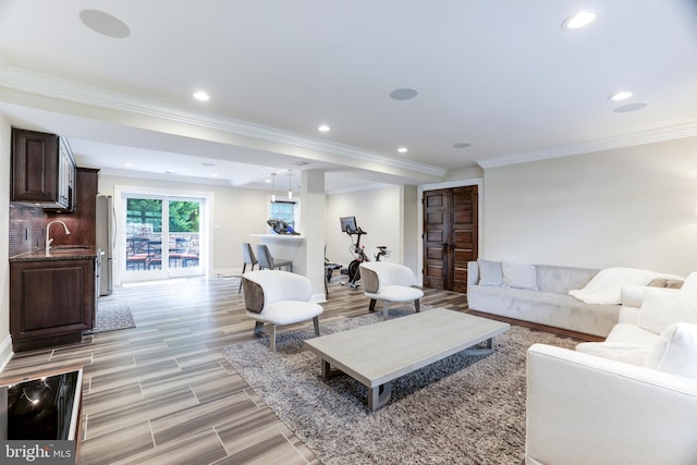 living room featuring ornamental molding and sink