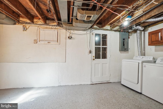 basement featuring washing machine and dryer and electric panel