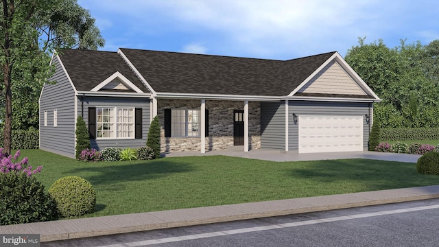 ranch-style house featuring a front yard and a garage