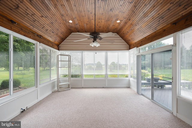 unfurnished sunroom featuring vaulted ceiling, wooden ceiling, and ceiling fan