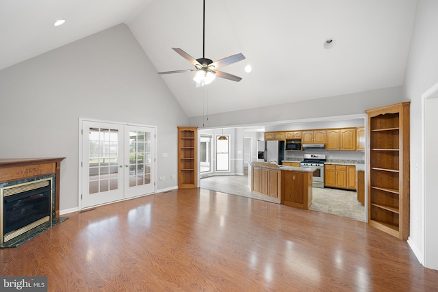 kitchen featuring extractor fan, appliances with stainless steel finishes, light hardwood / wood-style flooring, and french doors