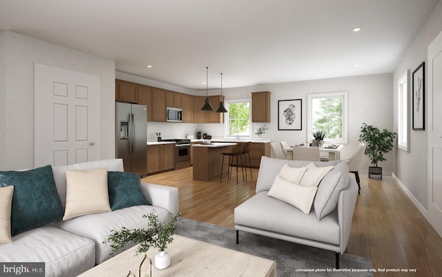 living room with sink and light hardwood / wood-style flooring