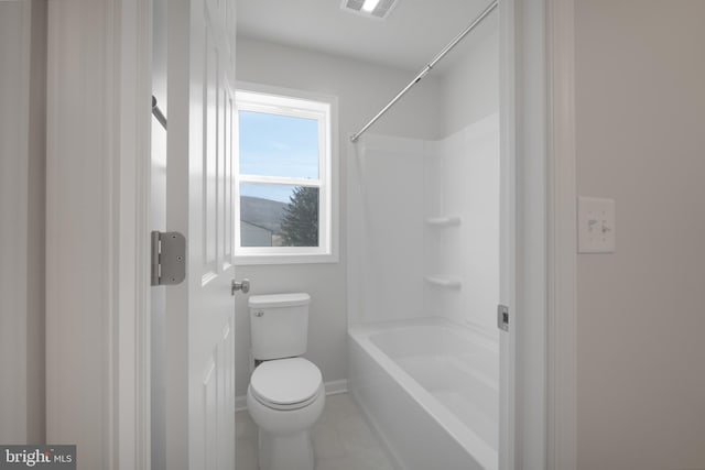 full bath with washtub / shower combination, baseboards, visible vents, and toilet