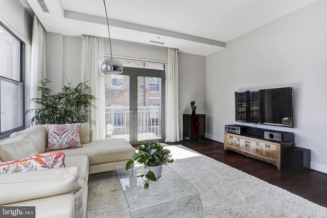 living room with dark hardwood / wood-style floors, a healthy amount of sunlight, and french doors