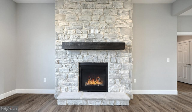 room details with hardwood / wood-style flooring and a fireplace