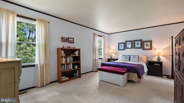 carpeted bedroom featuring ornamental molding