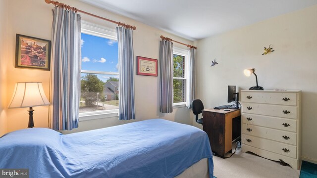 bedroom with ornamental molding and light colored carpet