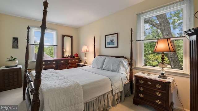 bedroom featuring light colored carpet