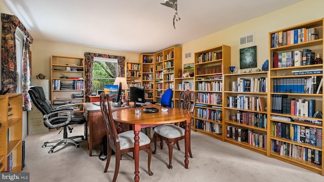 view of carpeted home office