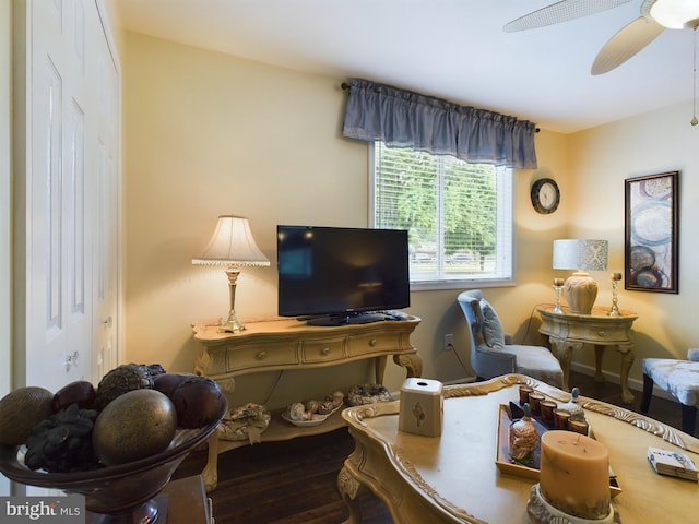 living room featuring hardwood / wood-style floors and ceiling fan