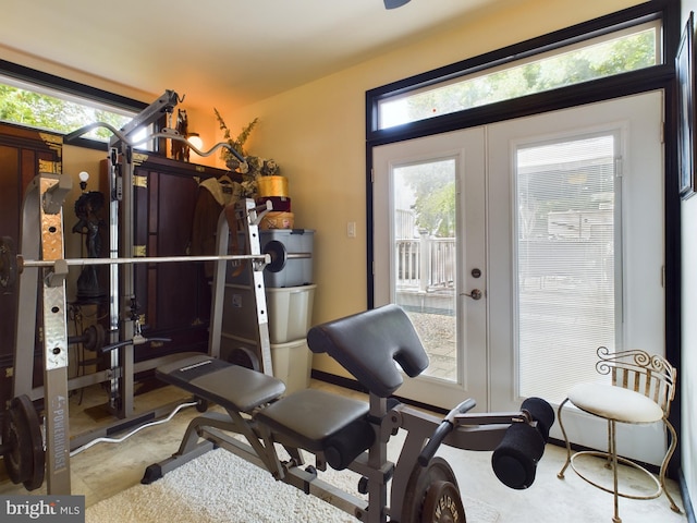 workout room featuring french doors