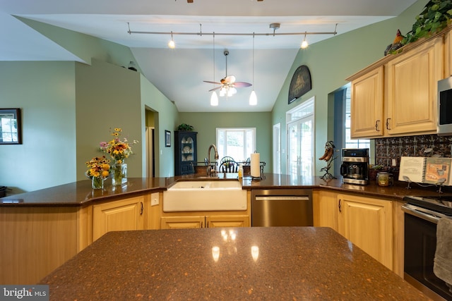 kitchen featuring appliances with stainless steel finishes, ceiling fan, rail lighting, and sink