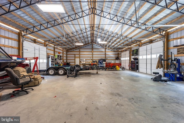 garage with a workshop area