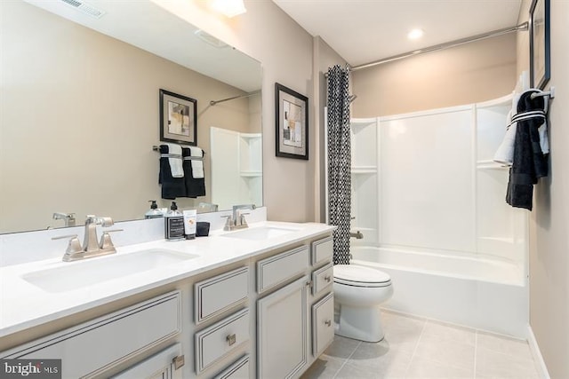 full bathroom with toilet, vanity, shower / bathtub combination with curtain, and tile patterned flooring