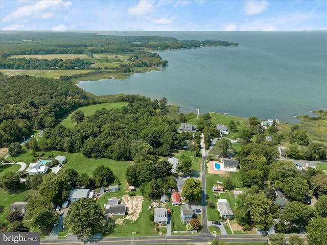 drone / aerial view featuring a water view