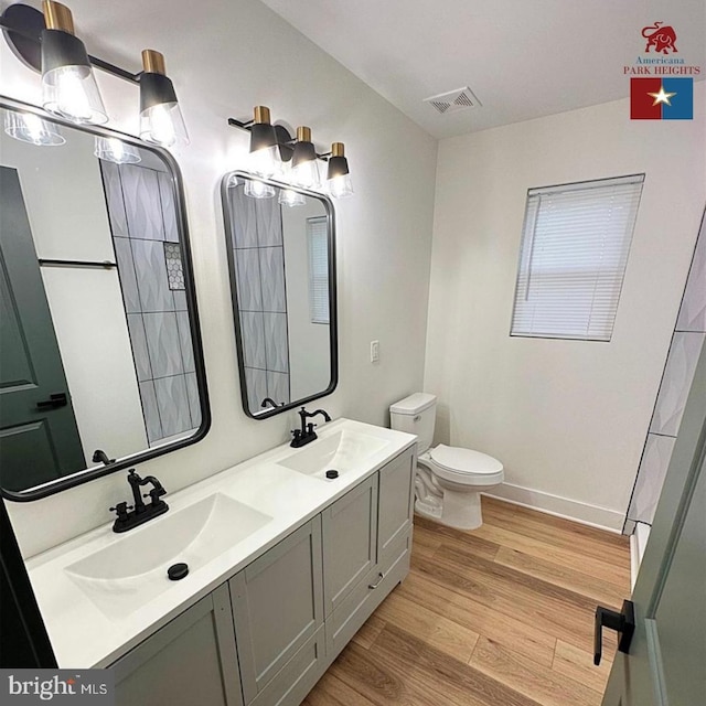 bathroom featuring vanity, wood-type flooring, and toilet