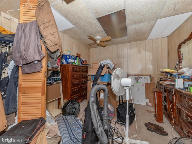 storage area featuring ceiling fan