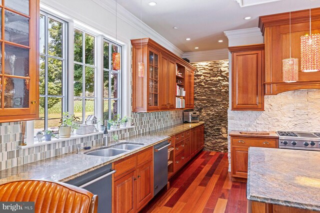 kitchen featuring dark hardwood / wood-style floors, dishwasher, light stone countertops, backsplash, and sink