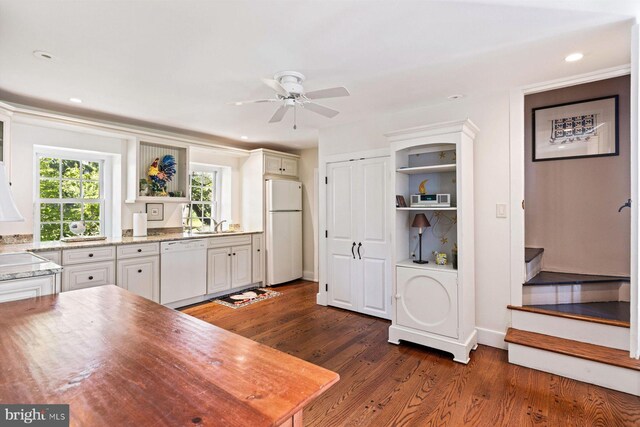 kitchen with ceiling fan, white appliances, dark hardwood / wood-style flooring, and light stone counters