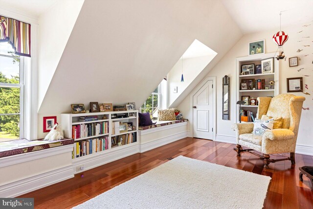 living area with wood-type flooring and lofted ceiling