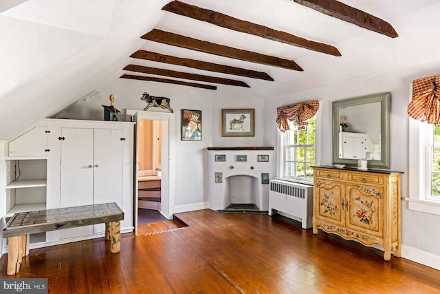 interior space featuring radiator, lofted ceiling with beams, and a healthy amount of sunlight