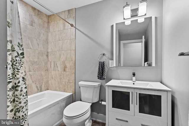 full bathroom with vanity, toilet, and shower / bathtub combination with curtain