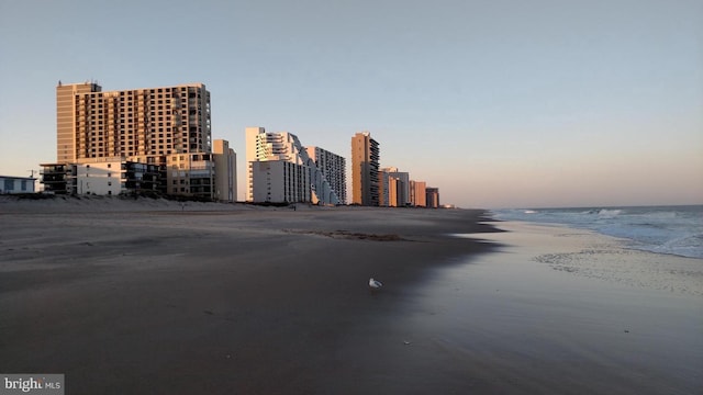 view of city featuring a water view and a view of the beach