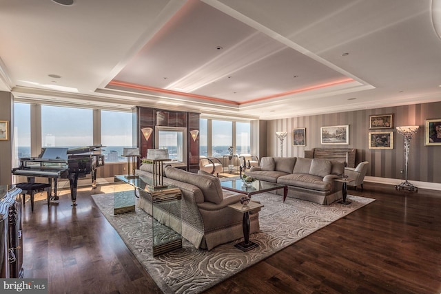 living room featuring dark wood-type flooring, a tray ceiling, and ornamental molding