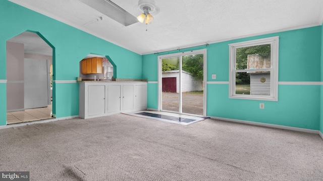 carpeted empty room featuring vaulted ceiling, sink, ceiling fan, and a textured ceiling