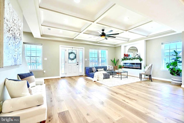 living room with beamed ceiling, ceiling fan, coffered ceiling, and light hardwood / wood-style floors