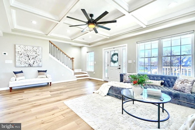 living room featuring coffered ceiling, ceiling fan, hardwood / wood-style flooring, and beamed ceiling