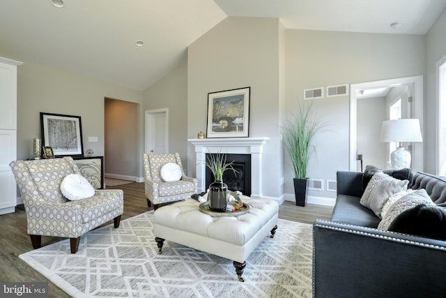 living room featuring wood-type flooring and high vaulted ceiling