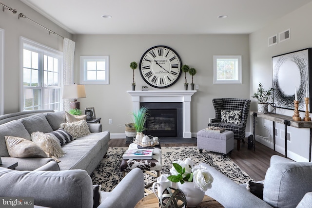 living room with baseboards, visible vents, wood finished floors, and a glass covered fireplace