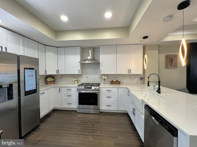 kitchen with appliances with stainless steel finishes, tasteful backsplash, wall chimney range hood, sink, and a raised ceiling