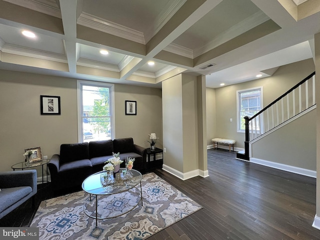 living room featuring beam ceiling, dark hardwood / wood-style floors, coffered ceiling, and ornamental molding